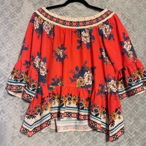 Flying Tomato Off Shoulder Boho Floral Blouse Small Bell Sleeve Top
